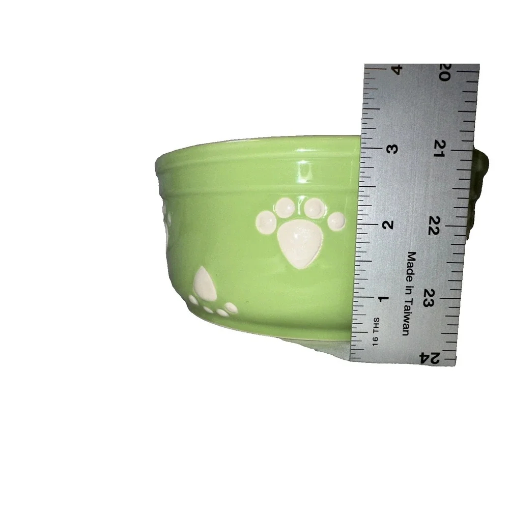 Petrageous Handcrafted Stoneware Pet Food Water Bowl Dish Lime Green Paw Prints